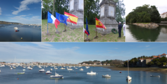 5 photos représentant la Station navale française de la Bidassoa : des bateaux au mouillage, le monument aux morts